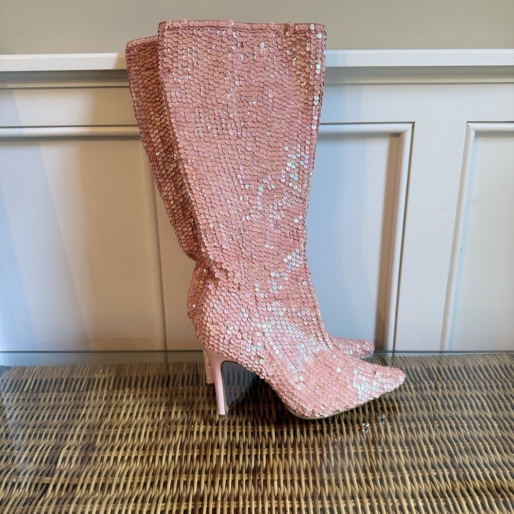 Colin Stuart Pink Sequin Pointy Toe Boots Women's Sz 6  Side Zip